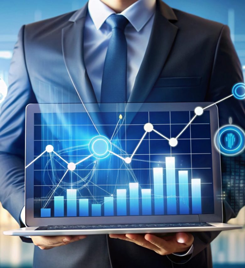 Businessman Holding Laptop Showing Financial Data.